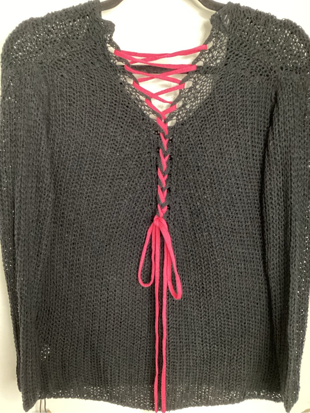 Black V-Neck Open Knit Sweater with Hot Pink Lace-Up Tie S/M